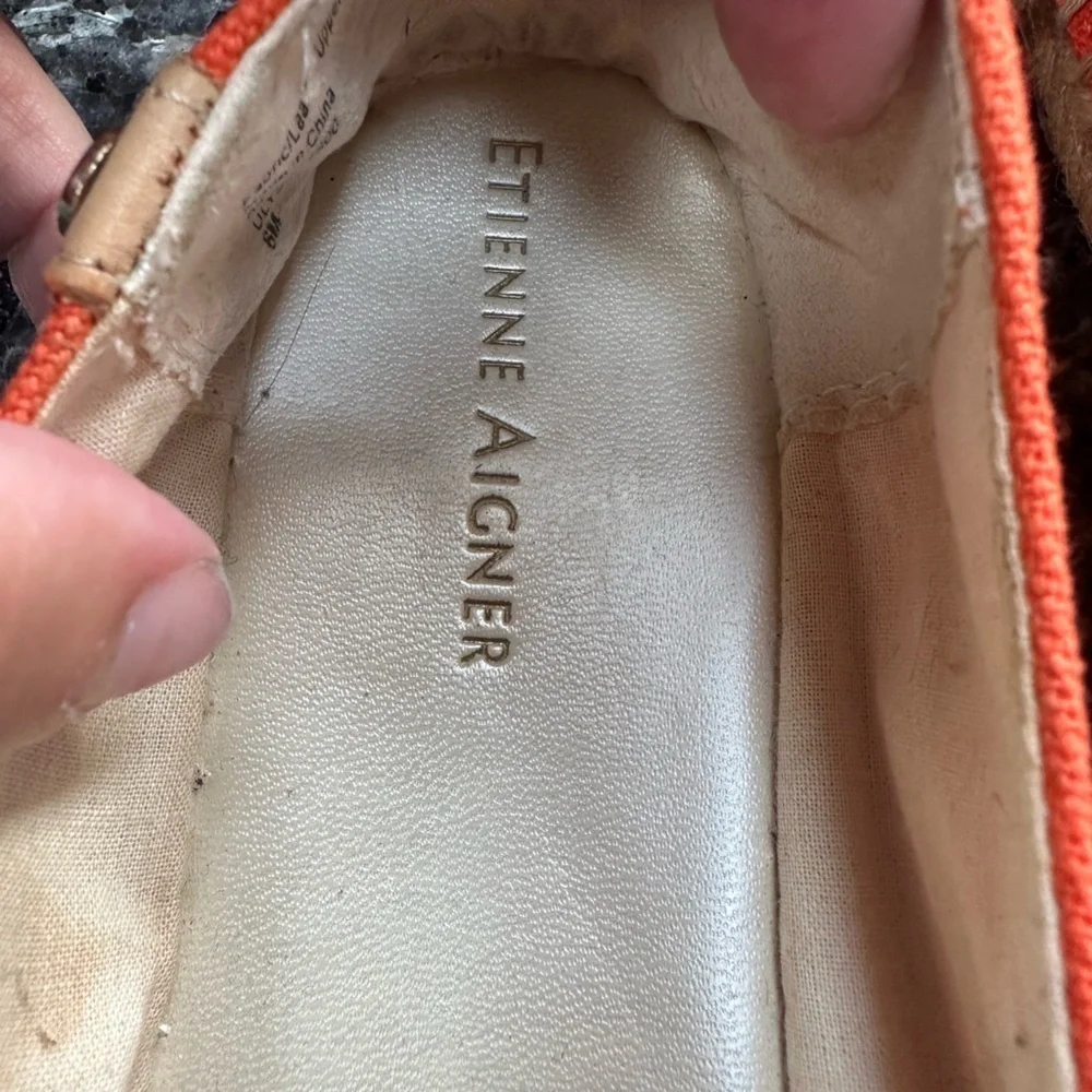 Etienne Aigner Orange Espadrille Flats with Floral Detail Leather Upper Size 6